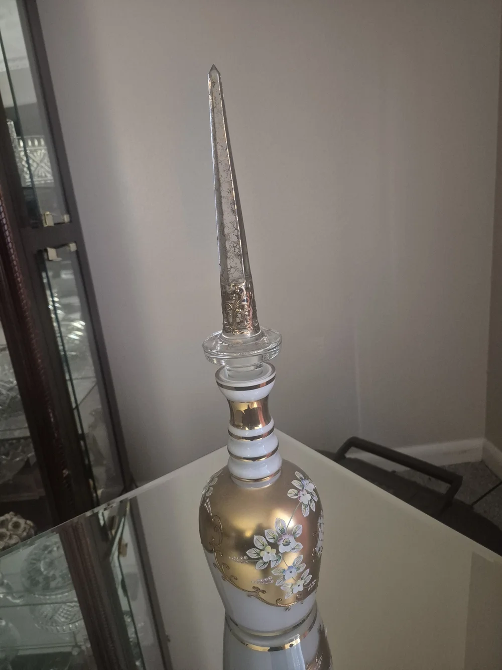 Decorative White and Gold Glass Decanter with Floral Motif